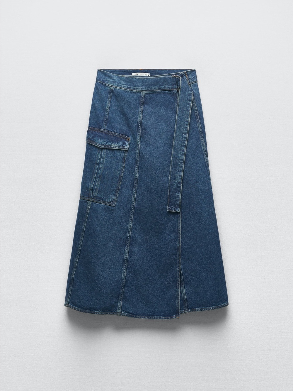 Zara Dark Blue Denim Wrap A-Line Skirt with Cargo Pocket